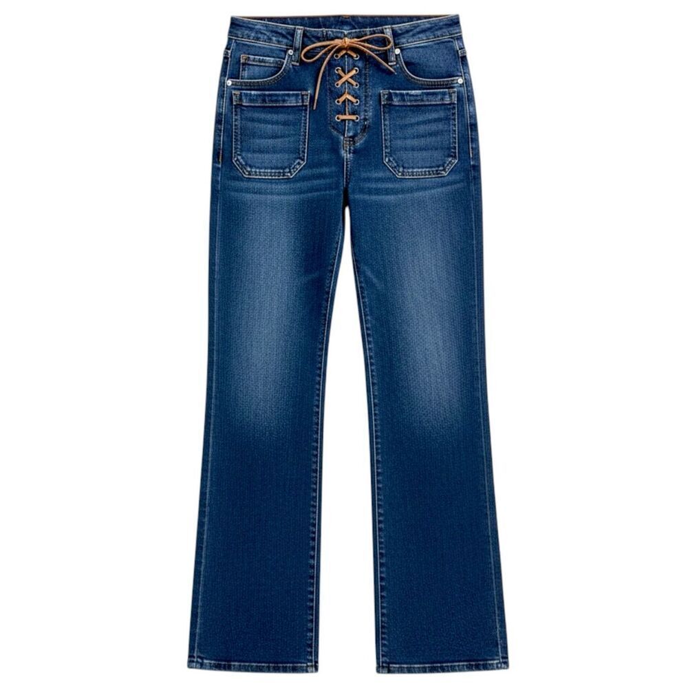 Risen High Rise Wide Leg Lace Up Jeans Dark Wash Tie Patch Pocket Stretch Denim - Picture 11 of 13